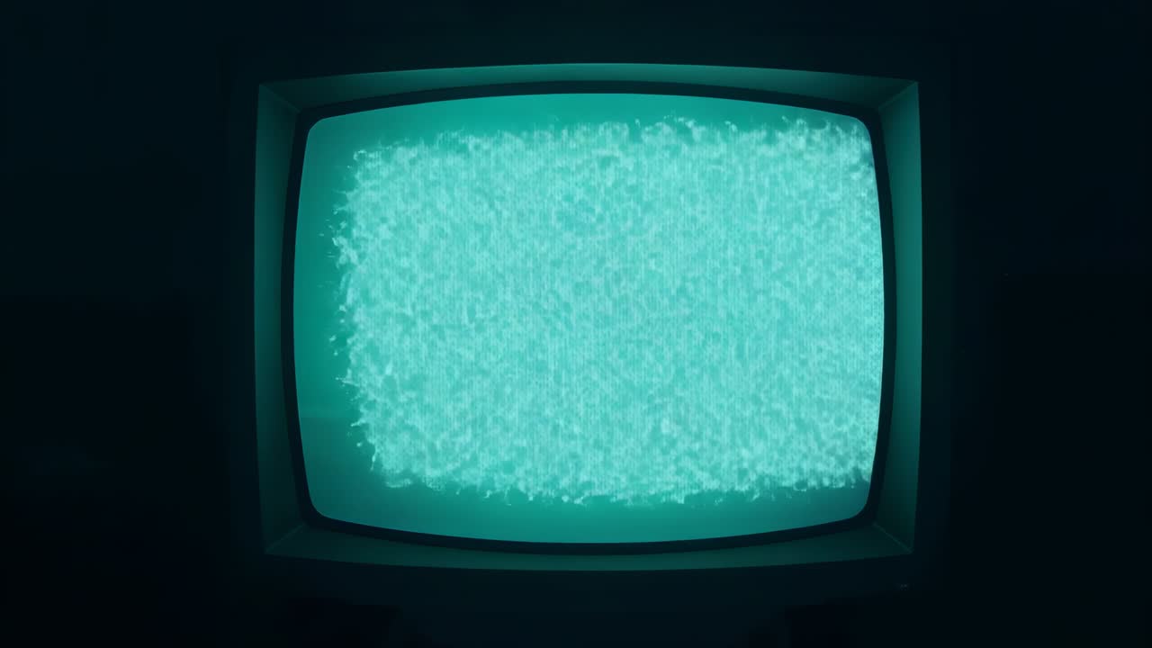 Starting CRT television screen displaying expanding turquoise static in dark room, turquoise noise