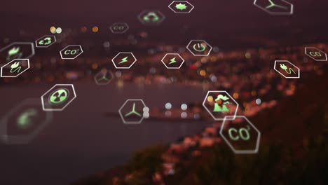 animación de iconos de sostenibilidad y ecología sobre el paisaje
