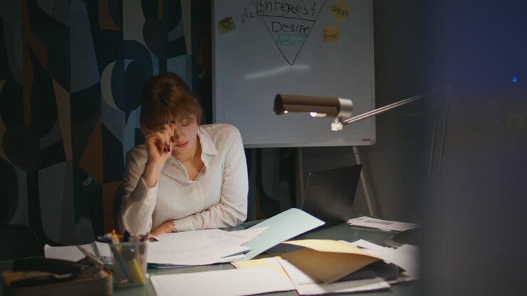 Late office worker overworking at room evening closeup. Woman reading documents