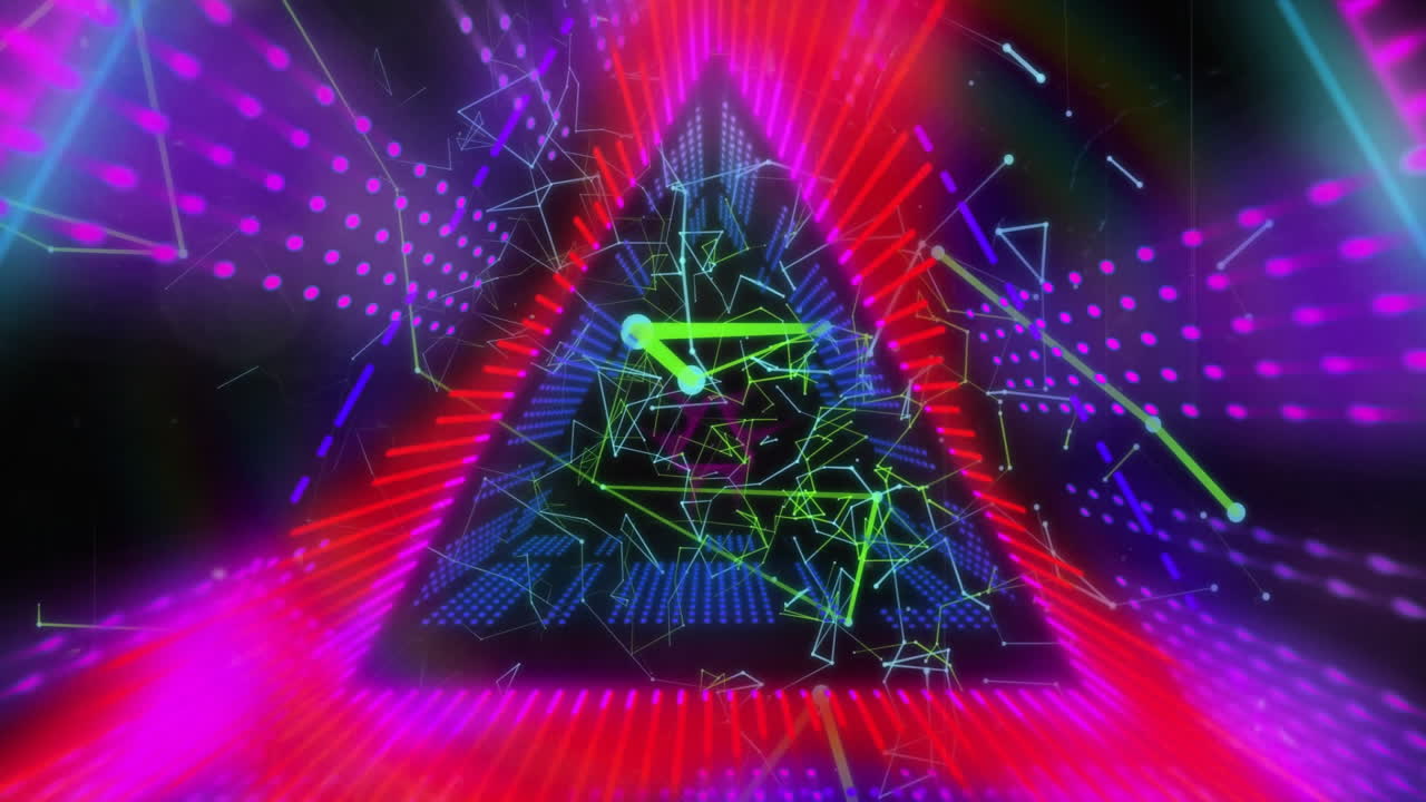 3D render showing lime-green lines converging toward glowing turquoise nodes inside magenta tunnel