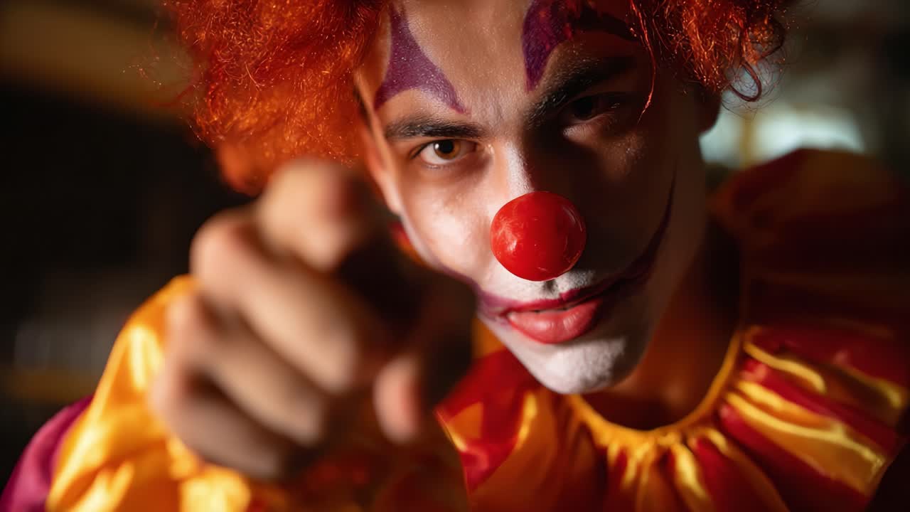 A Clown with a Red Nose and Colorful Costume Creates a Playful Yet Mysterious Atmosphere, Engaging the Audience with an Intense Gaze and Pointing Gesture