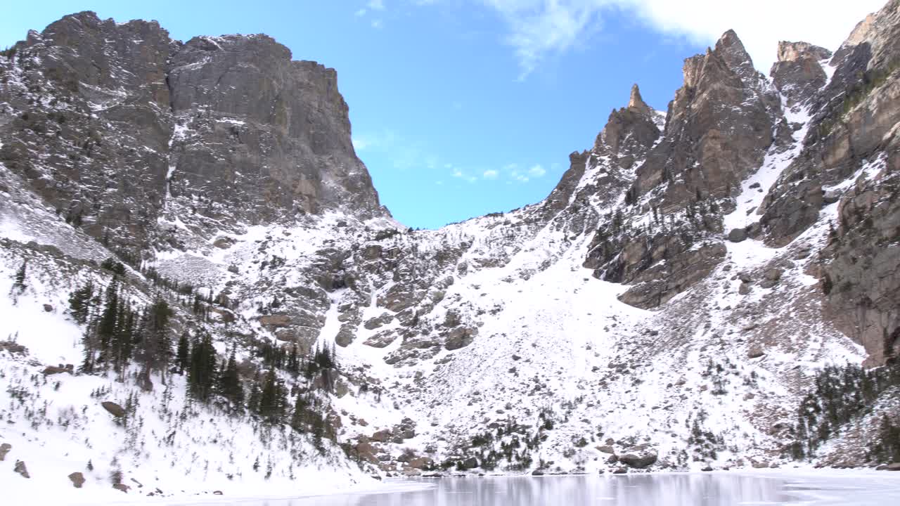Pan through a frozen Emerald Lake in Colorado