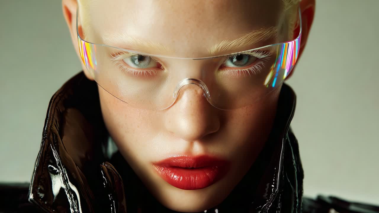 A striking portrait of a model with futuristic eyewear and glossy attire, showcasing a fierce expression and captivating features, embodying elements of modern fashion and design aesthetics