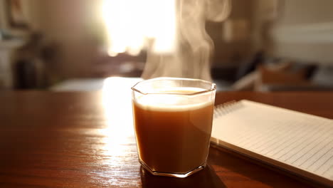 coffee with a notebook on a wooden table
