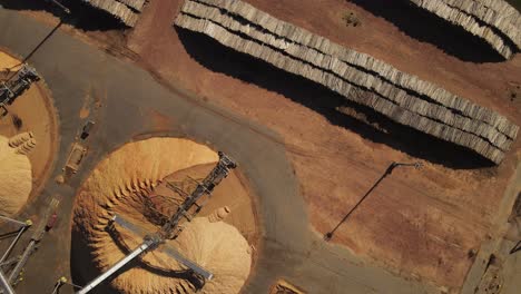 aerial top down:pile of trunks and sawdust hills in paper mill factory during sunset