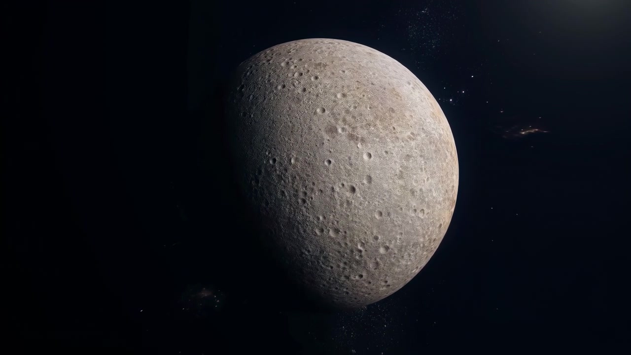 Skråt udsyn af en kraterfyldt stenmåne eller lille planet placeret mod et mørkt stjernefelt, med oplyst halvkugle mod øverste højre, blød skyggegrænse hen over overfladen og rigelig plads til tekst til videnskabelige formål.