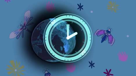 animación del escáner con la esfera del reloj sobre un globo azul brillante e insectos en fondo azul
