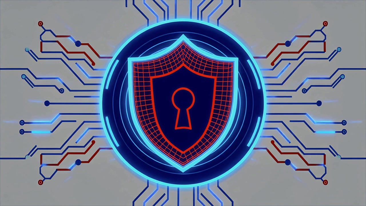 Animated Digital Security Shield with Glowing Circuit Board