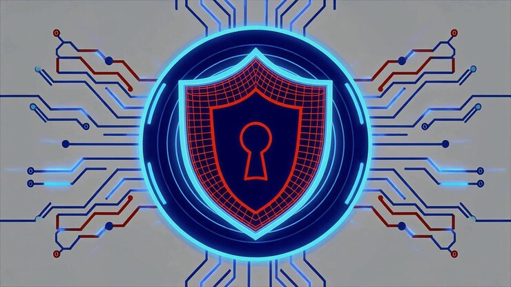 Animated Digital Security Shield with Glowing Circuit Board