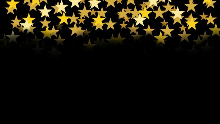 Animazione natalizia 2D con spazio per il testo. Stelle dorate che cadono su sfondo nero.