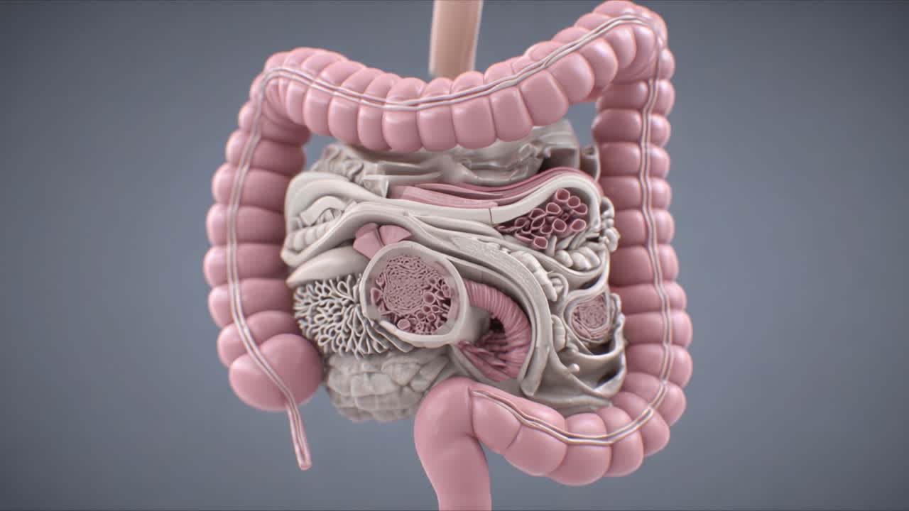 Rappresentazione anatomica dettagliata del sistema digerente umano, che evidenzia la struttura intricata di organi e tessuti nel tratto gastrointestinale