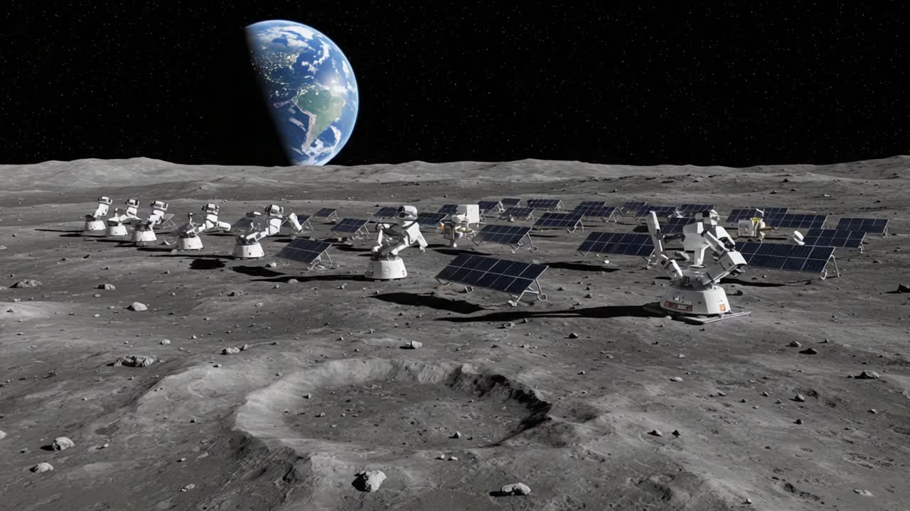 Futuristic Lunar Base with Solar Arrays and Earth in the Background, Showcasing Advanced Space Technology and Exploration Endeavors on the Moon's Surface