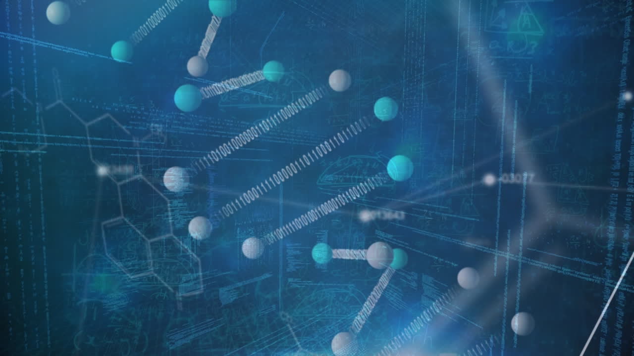 파란색 배경에 있는 dna와 과학 데이터 처리의 애니메이션