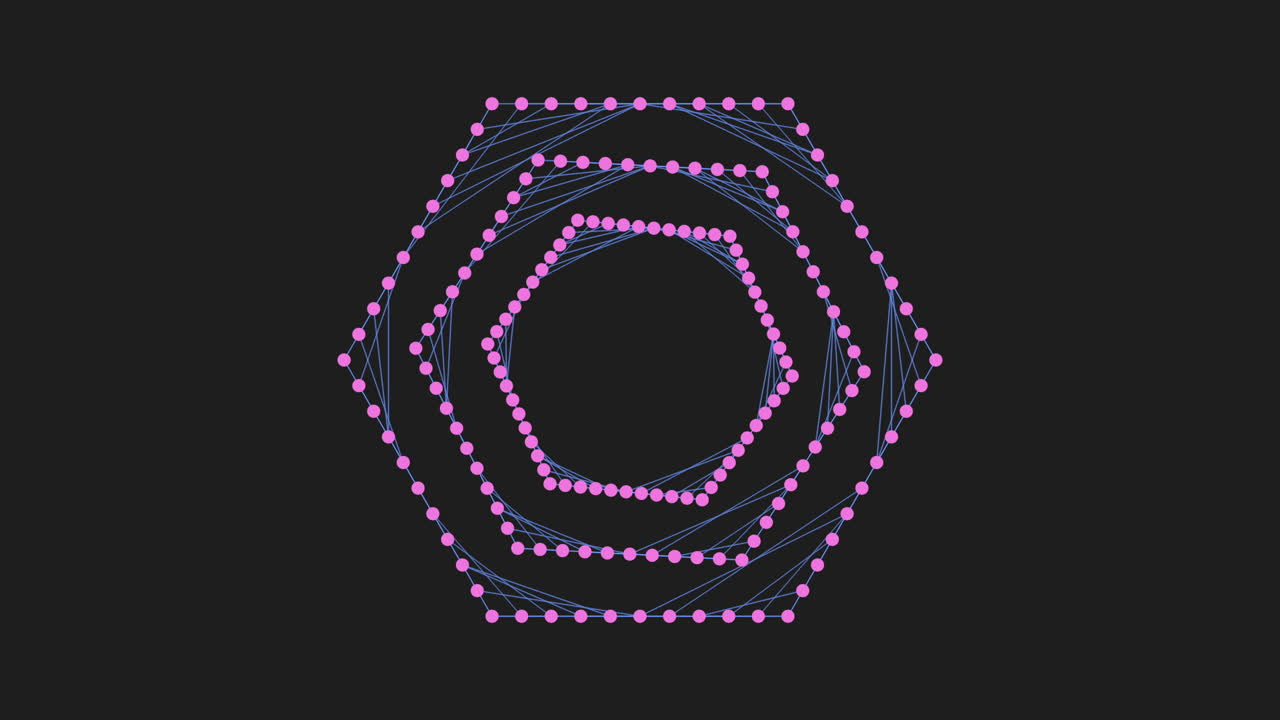 검정색 그라데이션에 네온 점이 있는 나선형의 디지털 육각형