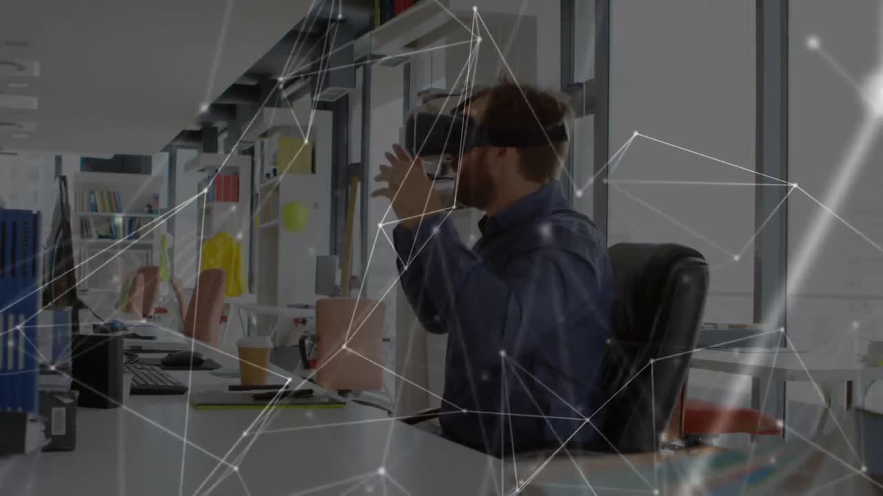 vr 헤드 ⁇ 을 착용한 사업가에 대한 연결 네트워크의 애니메이션