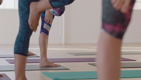 Clase-De-Yoga-De-Personas-Multiétnicas-Que-Practican-La-Pose-Del-árbol-Disfrutando-De-Un-Estilo-De-Vida-Saludable-Ejercitando-El-Equilibrio-De-Entrenamiento-En-El-Estudio-De-Fitness-Meditación-Grupal