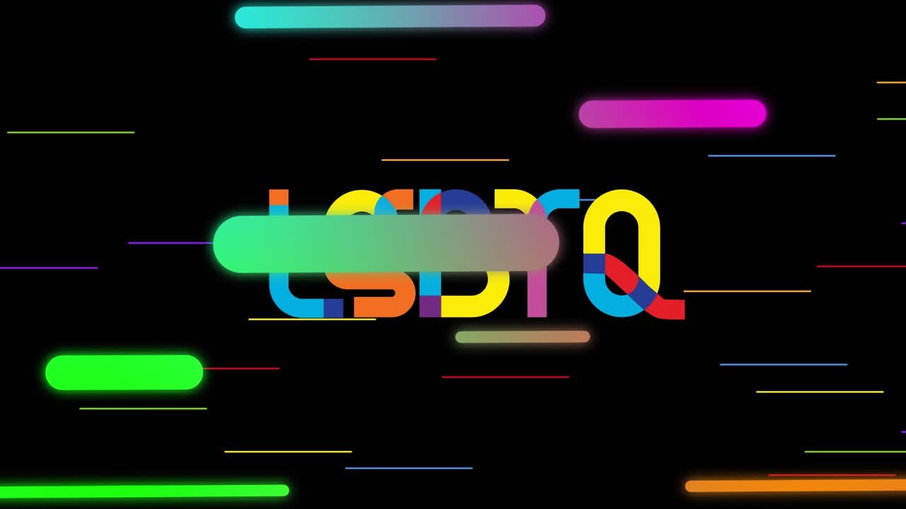 Animation of colorful lines over lgtbq on black background