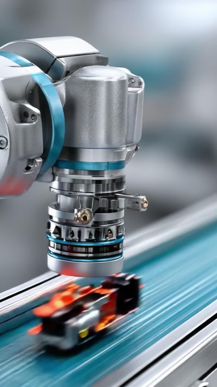 Ingeniería de precisión en acción: Un primer plano de un brazo robótico sujetando objetos en una cinta transportadora, mostrando automatización avanzada y tecnología en la fabricación.