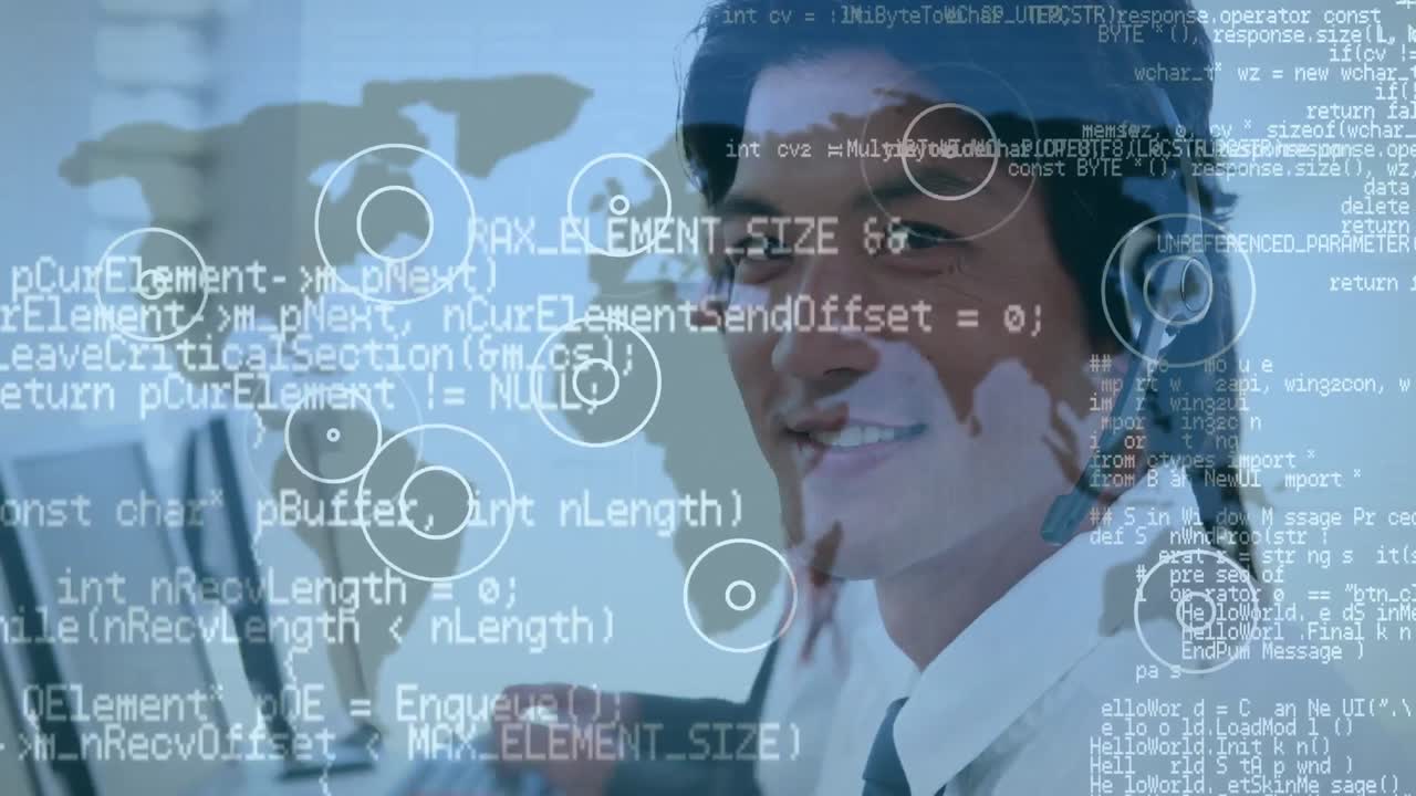 Data processing and pulsating circles over asian male customer care executive working at office