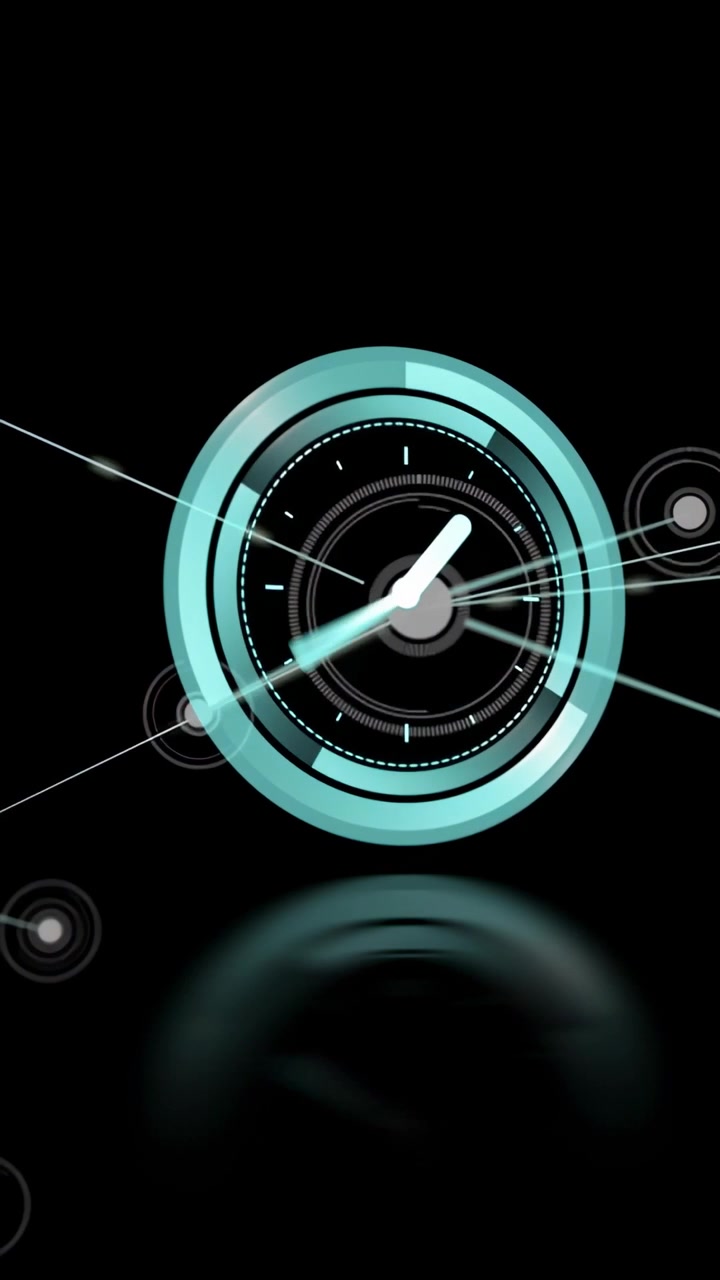 Cyan semicircular arc revealing from left, clock dial pulsing, connecting beams forming for tech UI