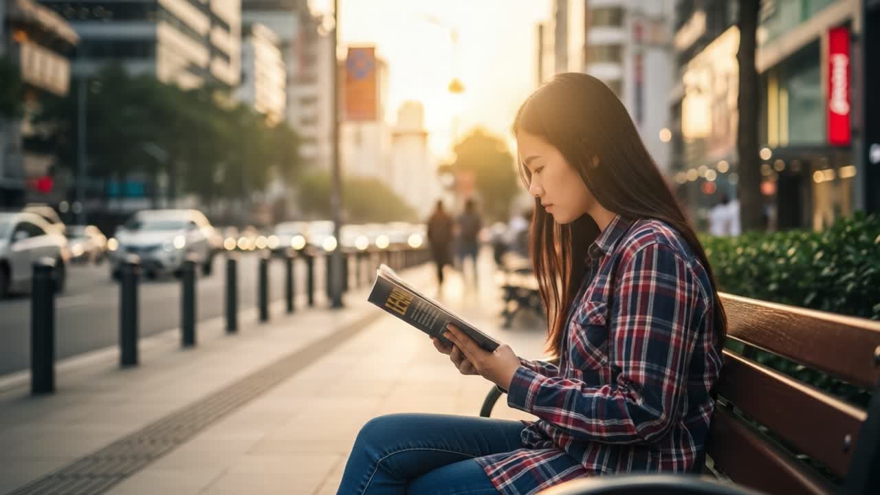 Jeune femme lisant un livre sur un banc public au coucher du soleil