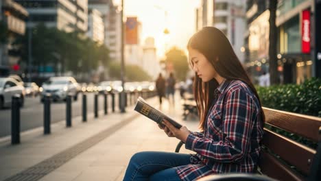 young woman reading a book on a city bench at sunset