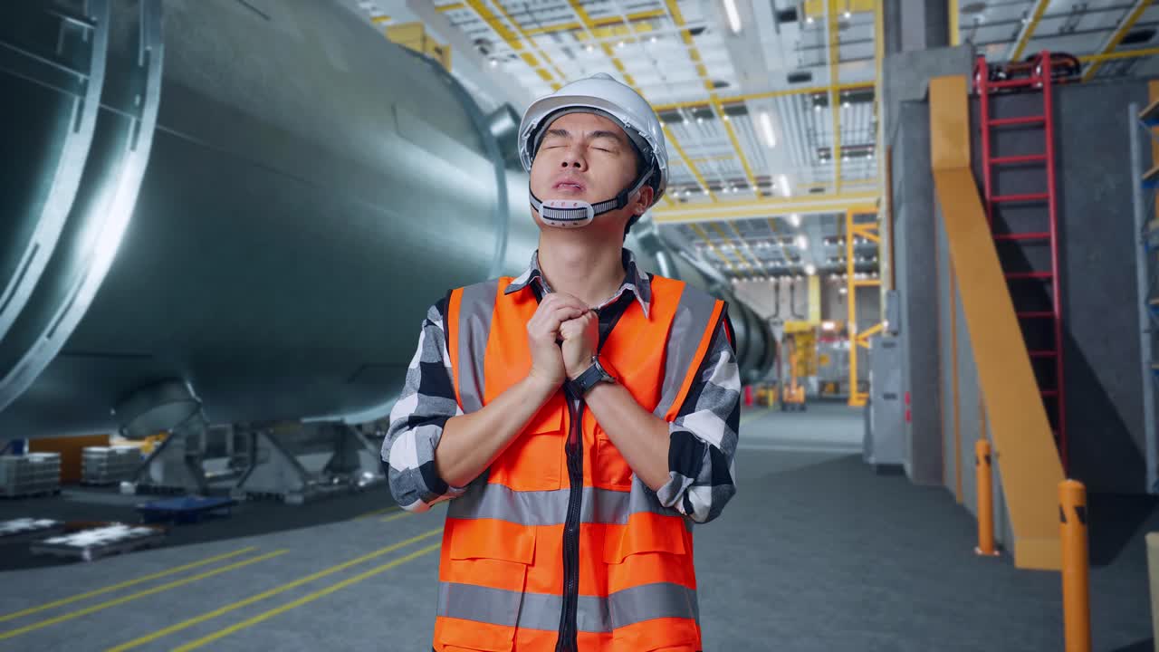 ingegnere maschio asiatico con casco di sicurezza prega per qualcosa mentre è in piedi in una fabbrica di fabbricazione di tubi