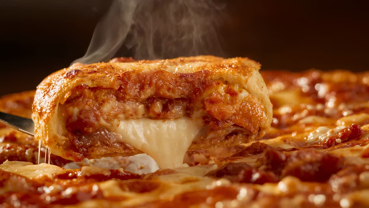 Sollevare una fetta di pizza ripiena di formaggio, spatola che tira mozzarella fusa mentre il vapore sale nello studio