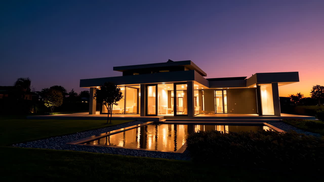 Modern Home at Night with Pool