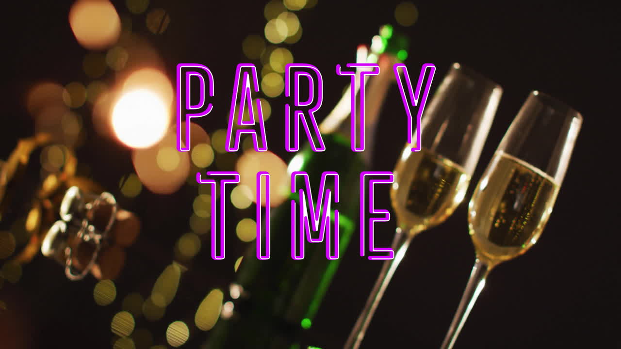 Animation of party time text over champagne glasses and bottle on black background