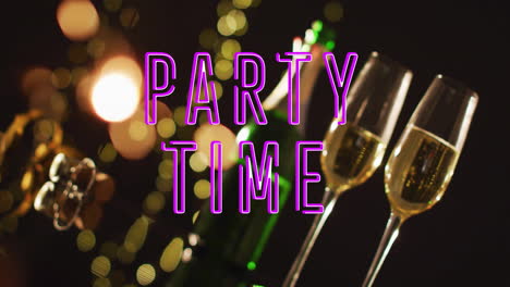 animation of party time text over champagne glasses and bottle on black background