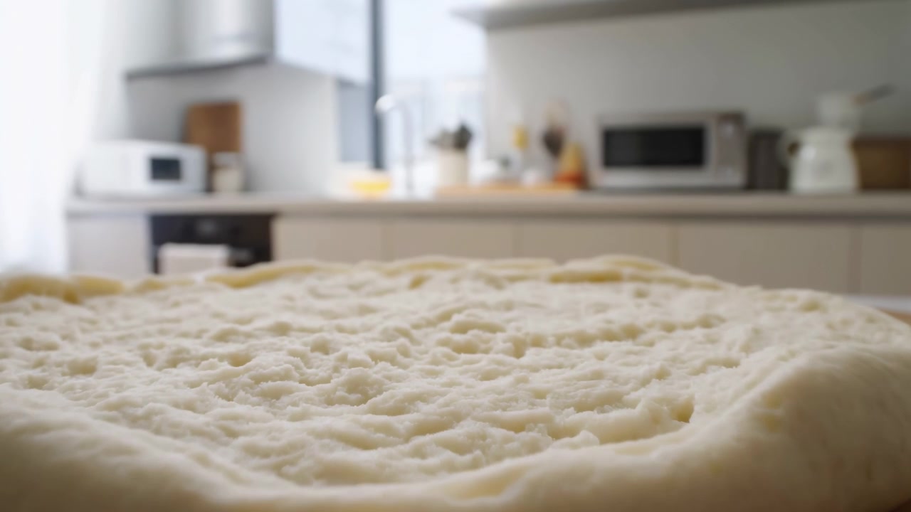 Vista ad angolo estremamente basso di impasto crudo per pizza che riposa su un tagliere di legno in una moderna cucina domestica, mostrando una leggera lievitazione, superficie testurizzata, calda luce diurna e un'invitante preparazione per la cottura, con impasto, pizza.