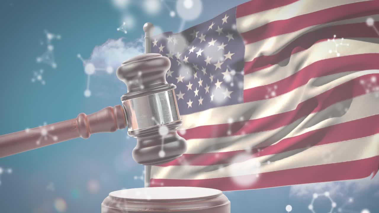 Animation of molecules over gavel and flag of usa