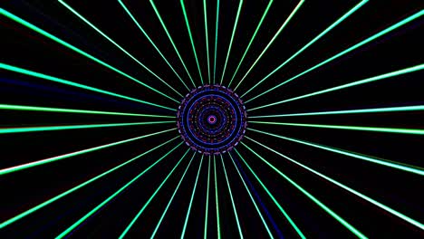 rayas azules ondas brillantes forma de flor, caleidoscopio fondo negro