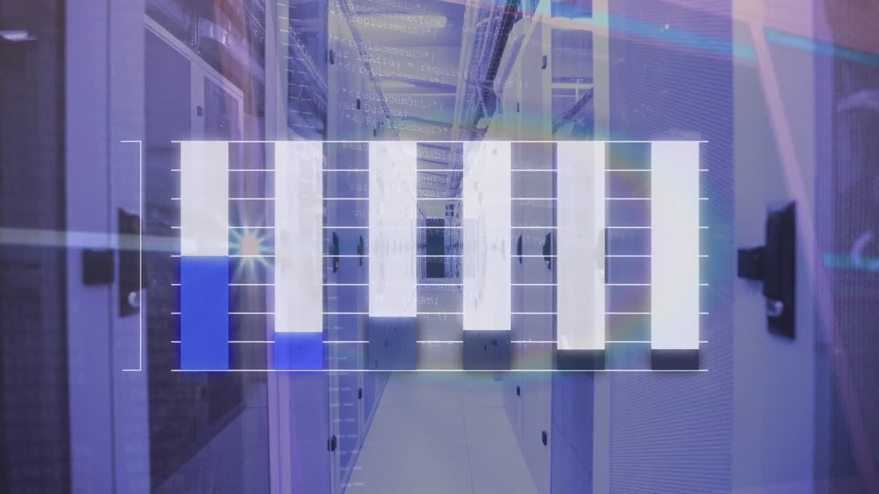 animación del procesamiento de datos estadísticos y el resplandor de la lente arco iris contra la sala del servidor de la computadora.