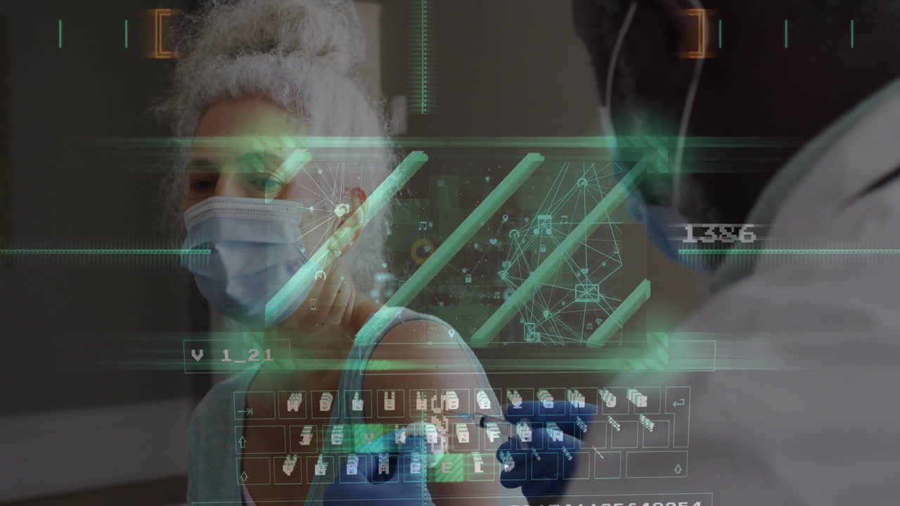 Animation of data processing over diverse male doctor and female patient in hospital