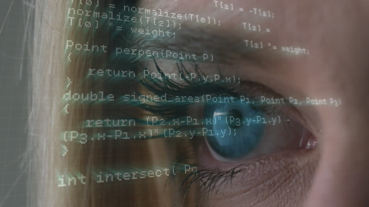 animación del procesamiento de datos sobre el ojo de una mujer caucásica