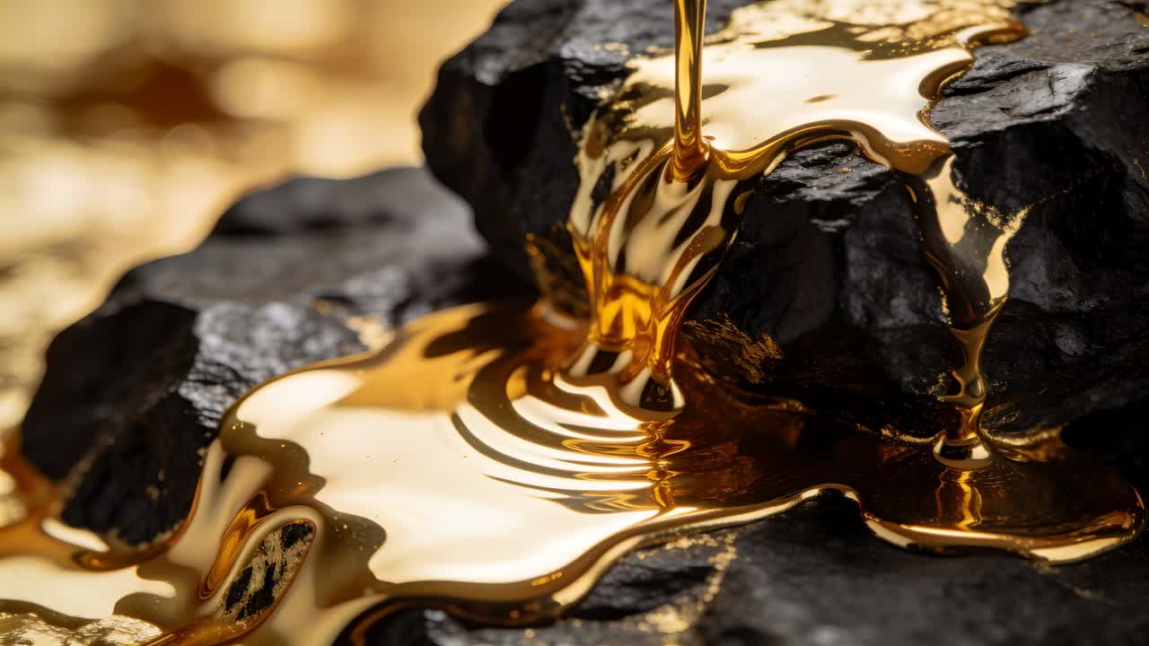 Inizio di una colata fuori campo, un getto di liquido dorato che ricopre rocce scure in studio, formando una pozza a specchio.