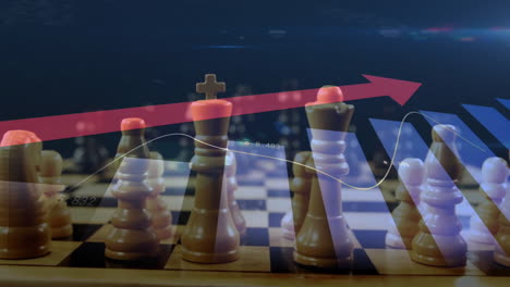 Animation-of-upward-arrow,-graph-and-processing-data-over-chess-pieces-on-board