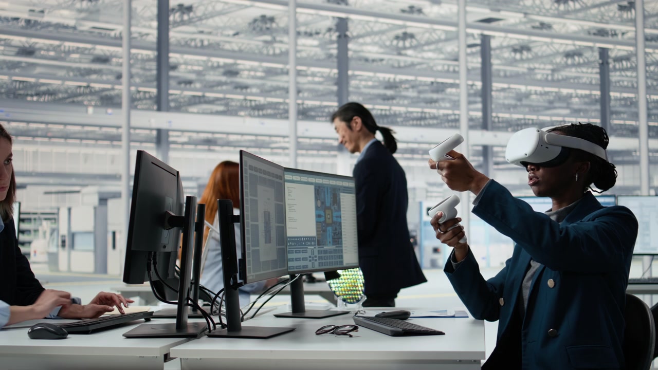 African American Woman Using VR Headset and Controllers in Modern Tech Office