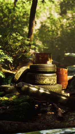 abandoned tires in the forest