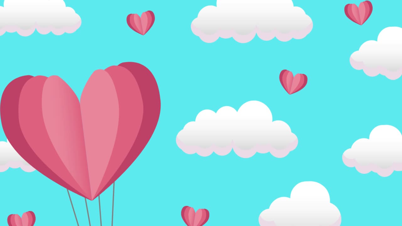 animación de globos de corazón rojo que llevan regalos y nubes sobre fondo azul