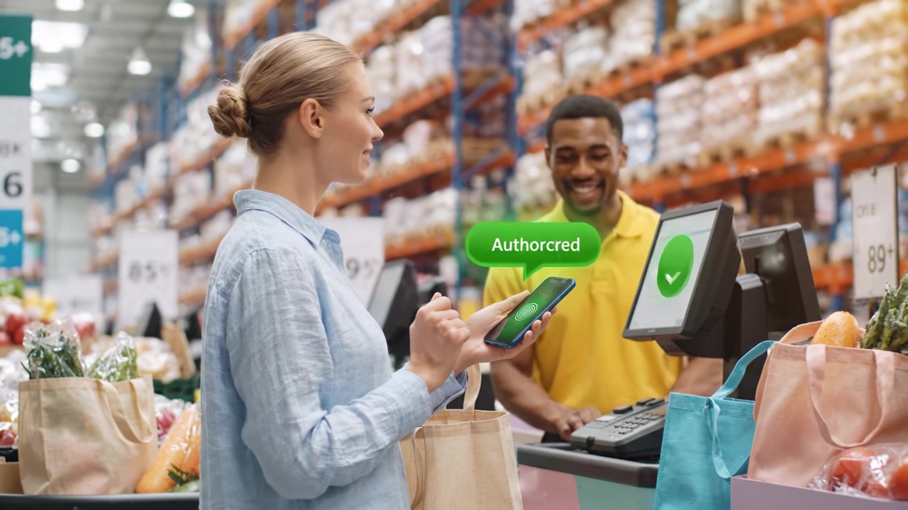 Grocery Shopping Experience: A Woman Navigating Her Purchase with a Smartphone at the Checkout Counter with Grocery Bags in a Store Aisle.