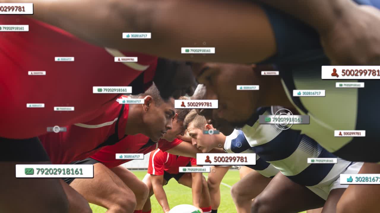 animación de iconos de medios sobre diversos jugadores de rugby masculinos que juegan en el estadio