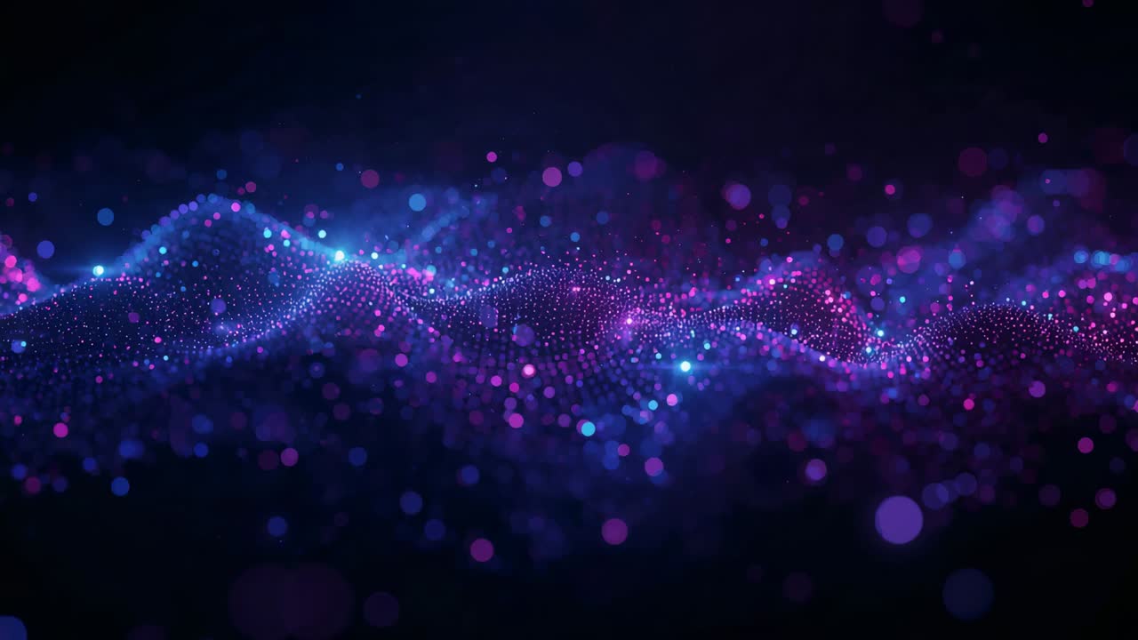 Shifting point cloud wave pulsing cyan nodes and magenta haze in dark void as frames progress