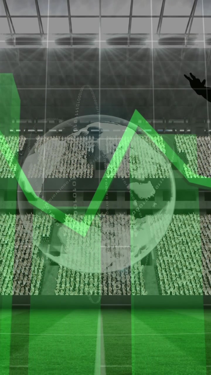 Animación de gráficos y procesamiento de datos y un globo terráqueo sobre un estadio deportivo.