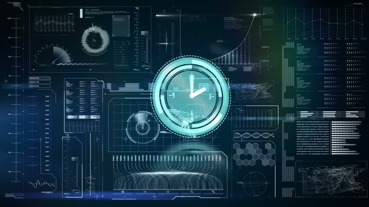 Animation of scope scanning with clock over data processing on black background