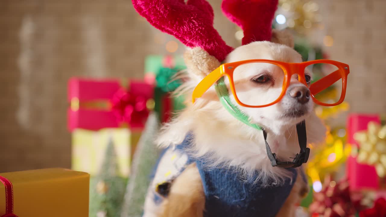 행복하고 즐거운 개 품종 갈색 치후아와 안경을 입고 선물 상자와 크리스마스 트리와 함께 방에 앉아 크리스마스 축제 배경 느린 동작