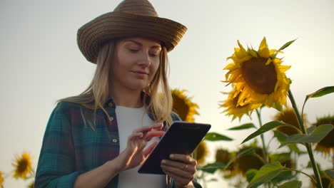 Die-Kamera-Folgt-Und-Bewegt-Eine-Bäuerin-Mit-Einem-Tablet.-Der-Landwirt-Tritt-Mit-Einem-Tablet-Vor-Die-Kamera-Und-Nutzt-Moderne-Technologie-Für-Seinen-Kleinen-Betrieb