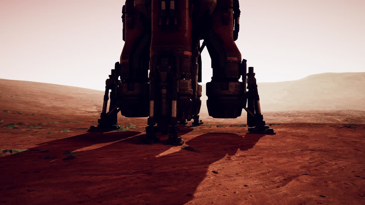 Exploration of a martian base with futuristic landing equipment during daylight